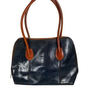 VERA PELLE Navy Blue / Tan Leather Satchel Shoulder Bag, Made in Italy